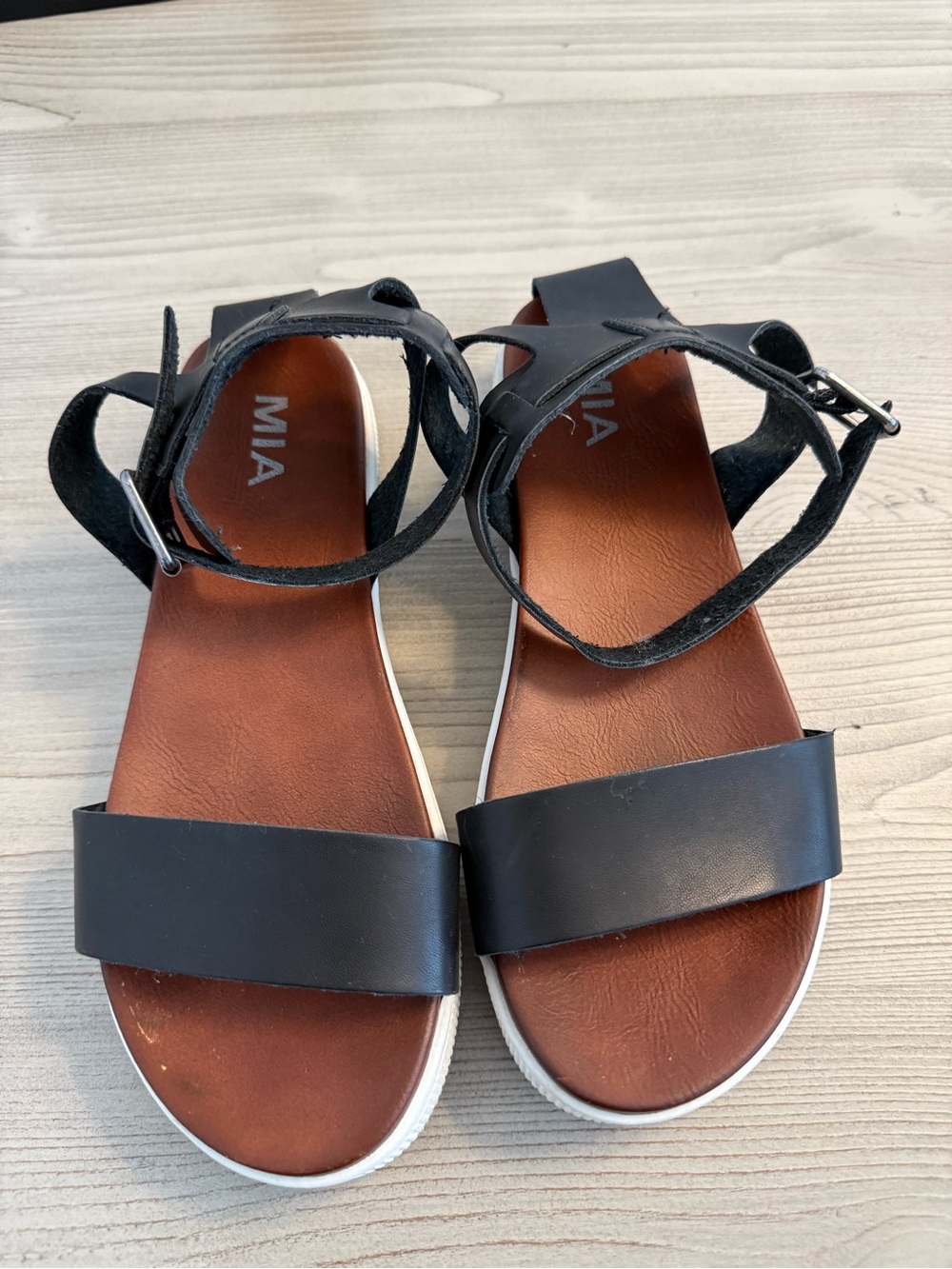 MIA Black Leather Front-Strip & Ankle-Strap Sandals